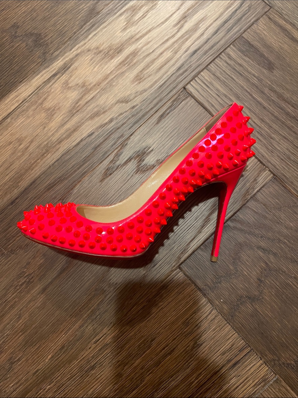 Christian Louboutin Vibrant Red Orange Spiked Heels - Picture 7 of 10